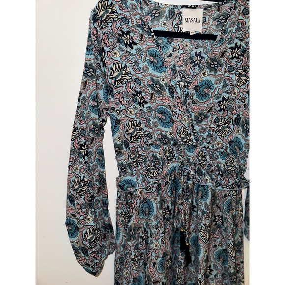 Masala Maxi dress W a blue and white floral V-neck Long-fit sleeves SZ L - Picture 6 of 15